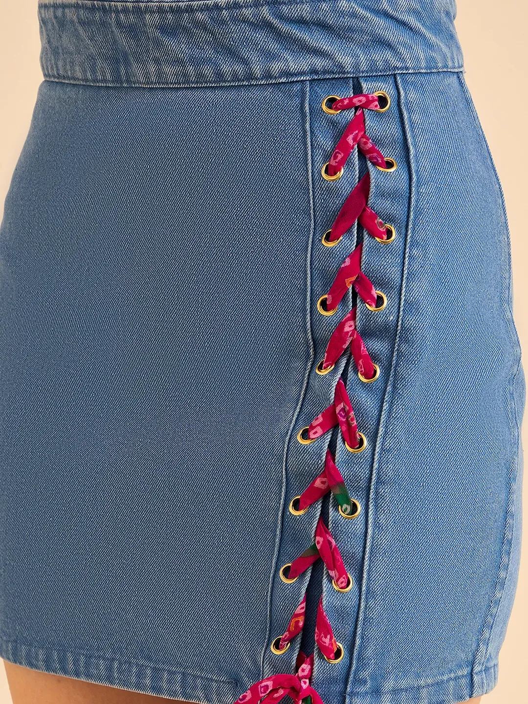 Blue Mirage Bandhani Detail Denim Skirt