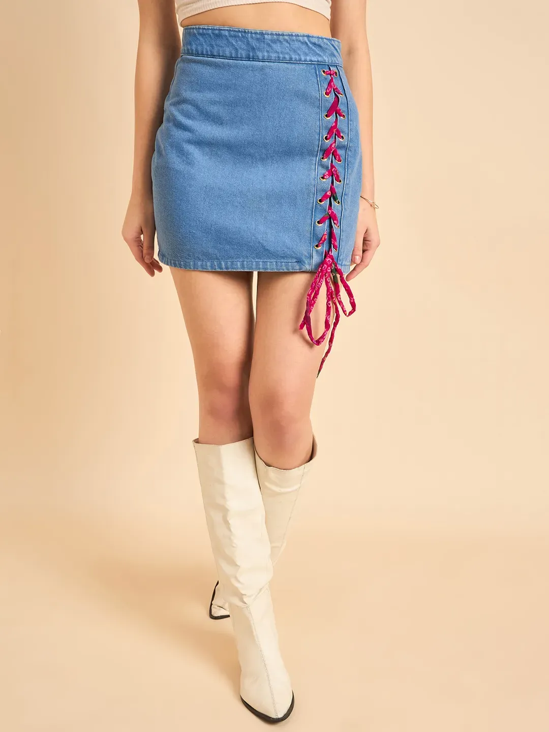 Blue Mirage Bandhani Detail Denim Skirt