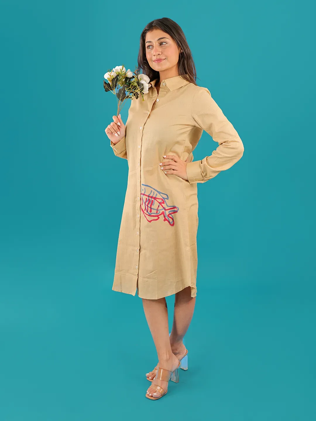Beige Twin-Fin Shirt Dress