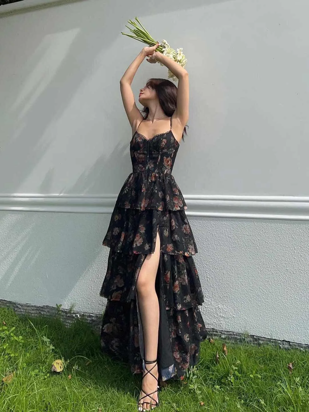 Black Floral Ruffled Dress