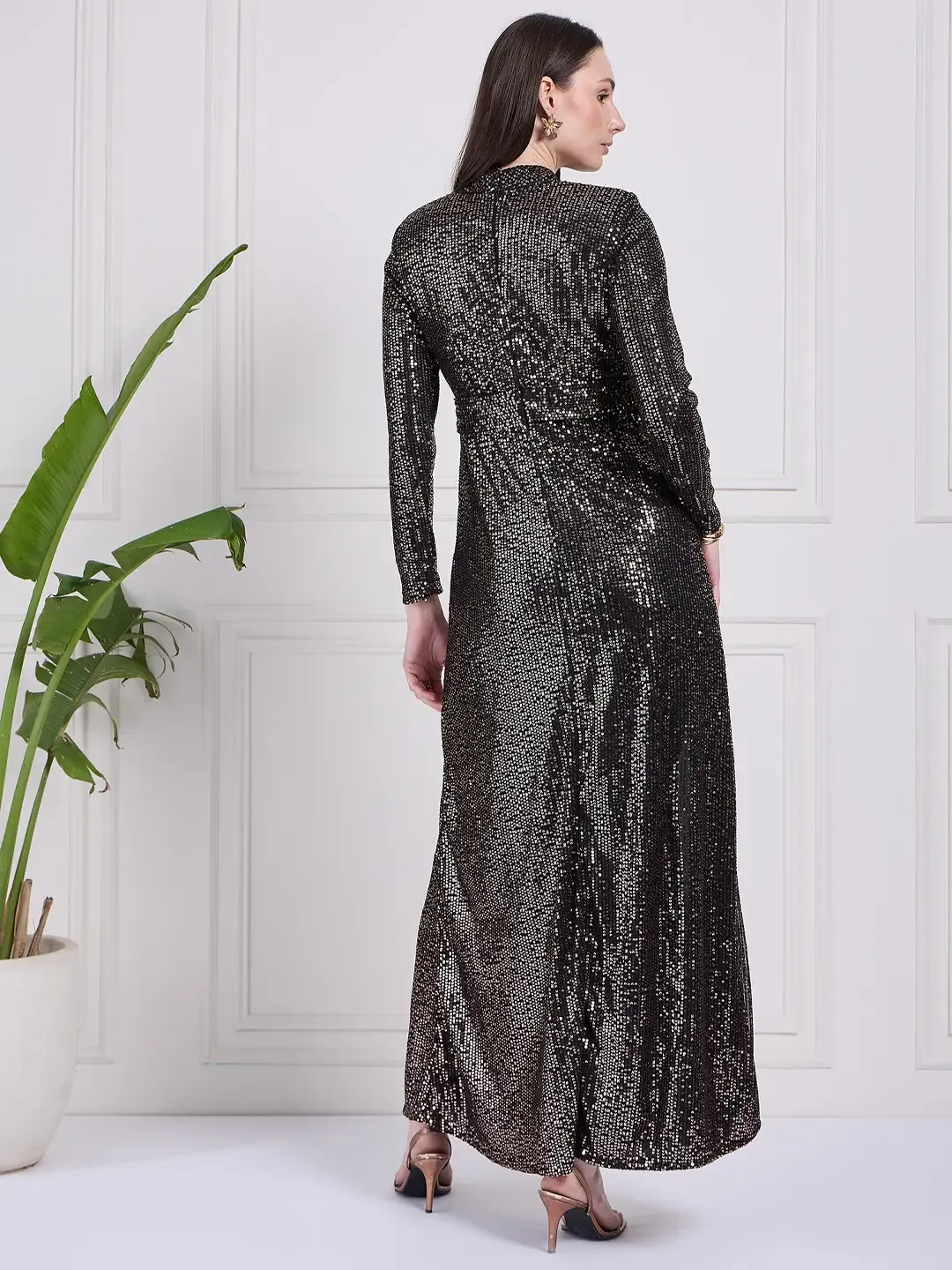 Black Sequin High Neck Slit Dress