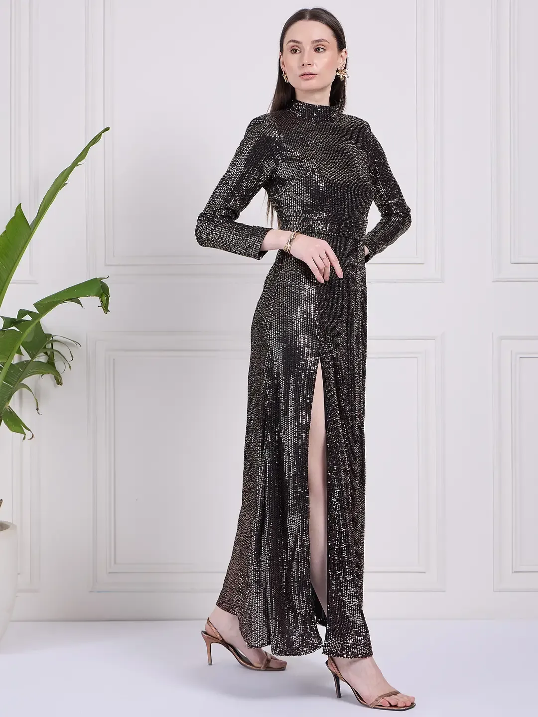 Black Sequin High Neck Slit Dress