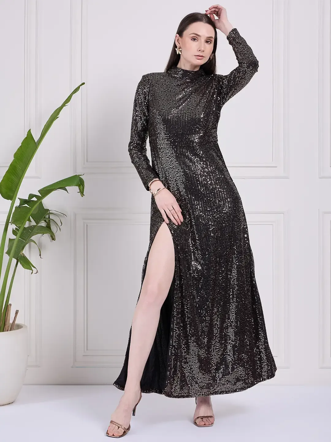 Black Sequin High Neck Slit Dress
