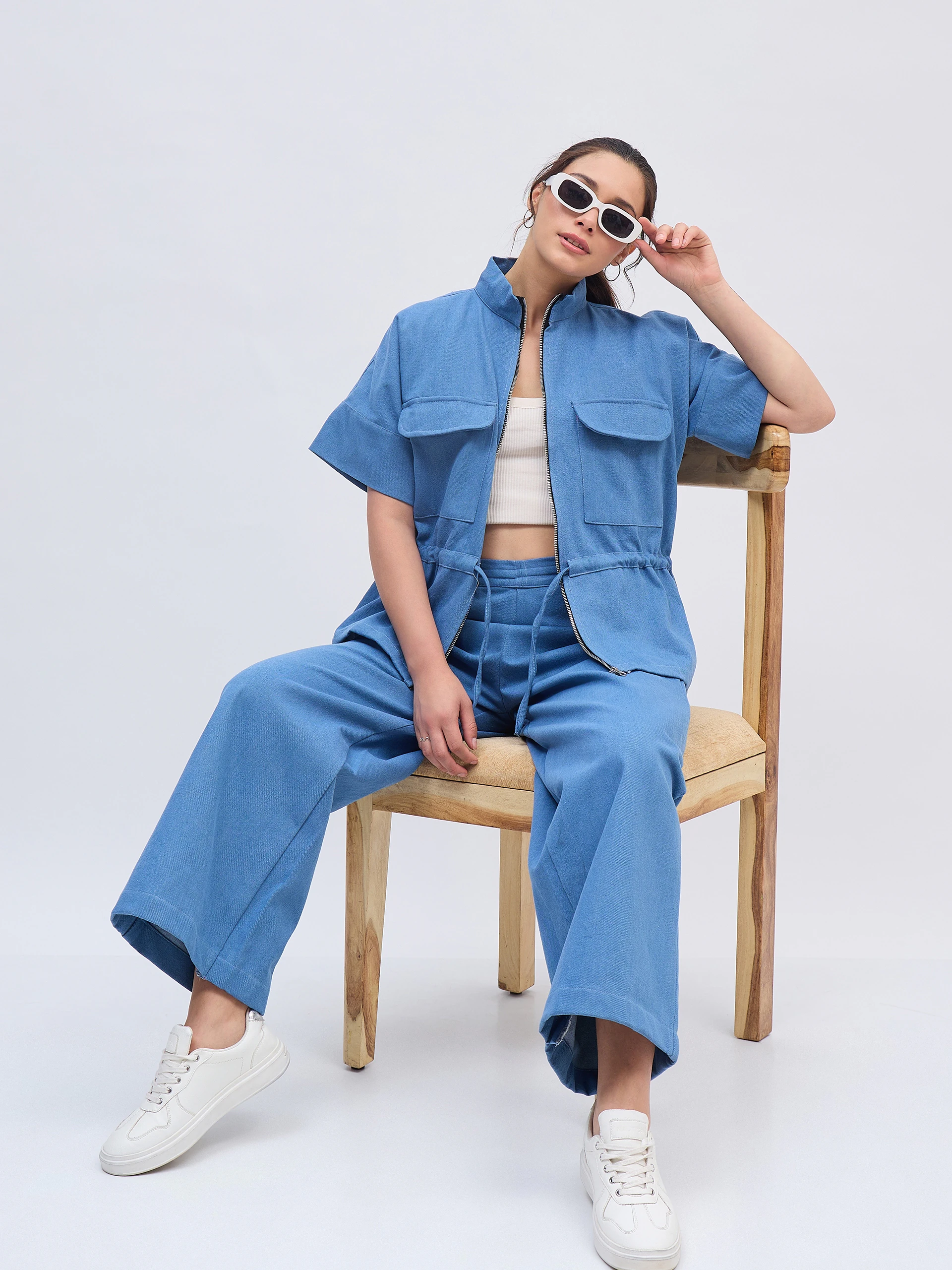 Light Blue Denim Shirt Chain Co Ord Set