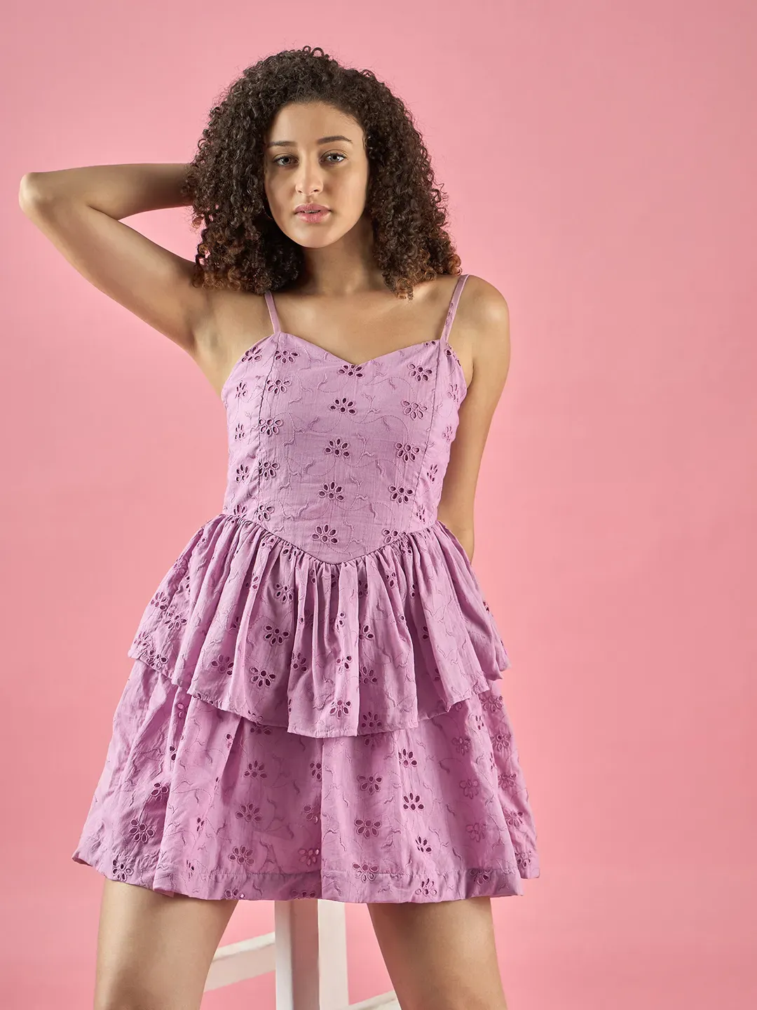 Mauve Schiffli Sweetheart Neck Tiered Dress
