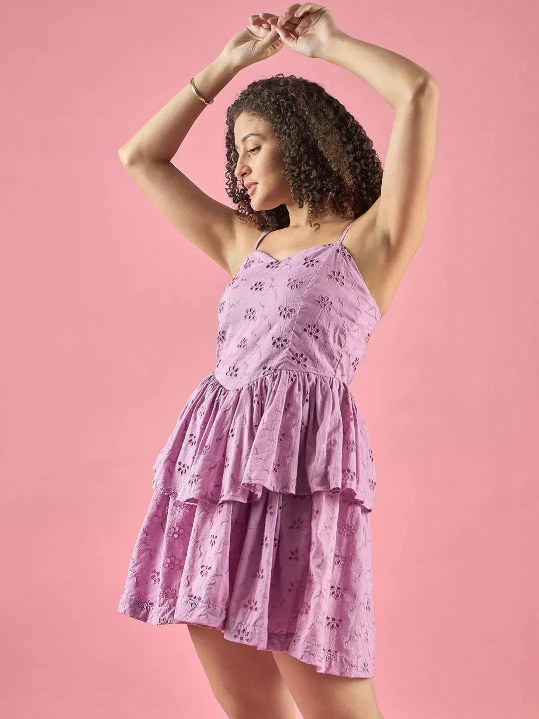 Mauve Schiffli Sweetheart Neck Tiered Dress