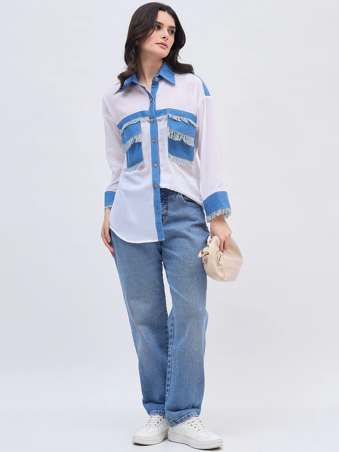 White Denim Detail Shirt