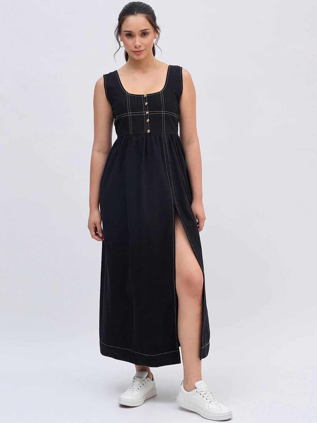Black Denim Thread Midi Dress