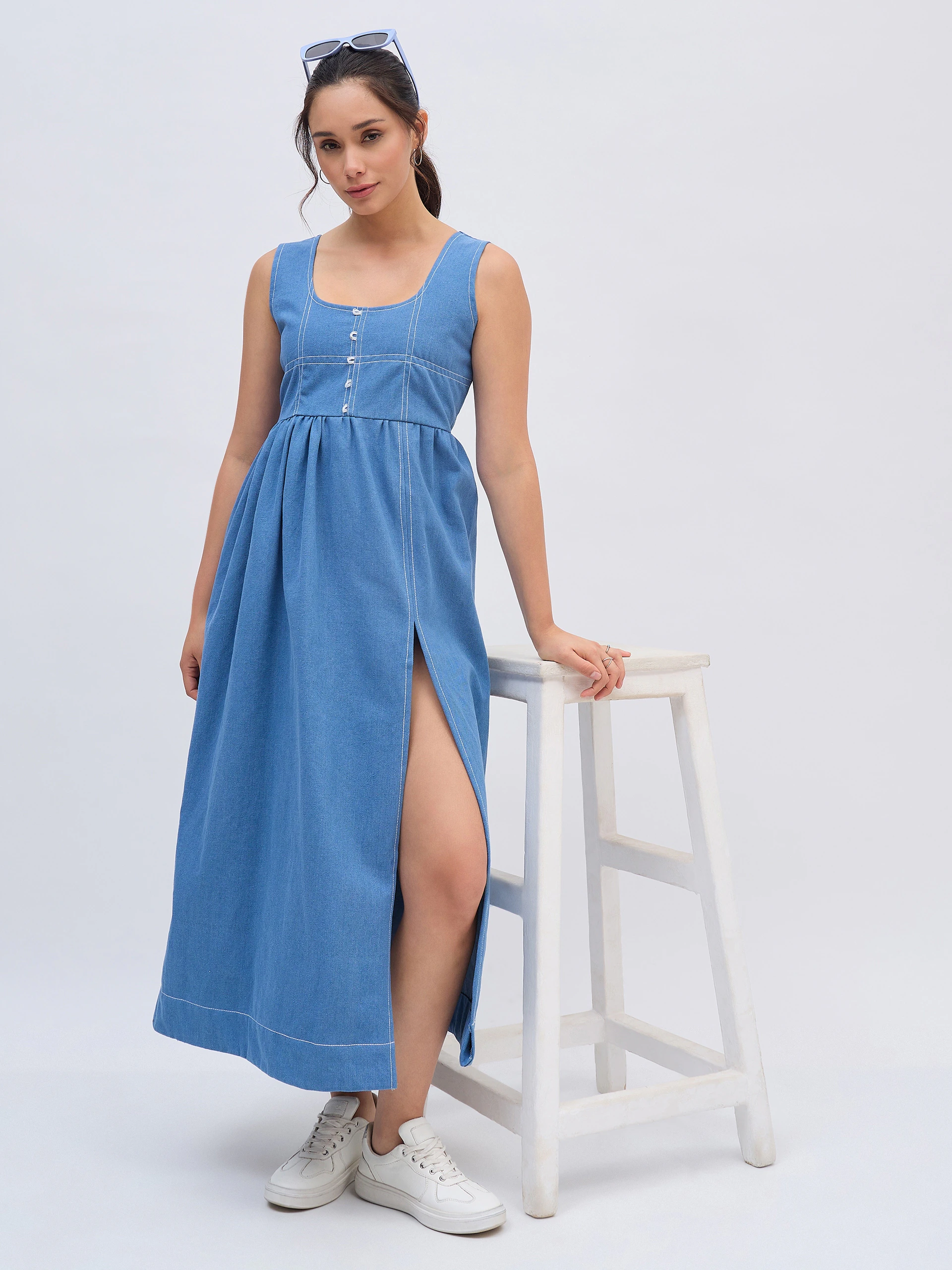 Blue Denim Thread Midi Dress