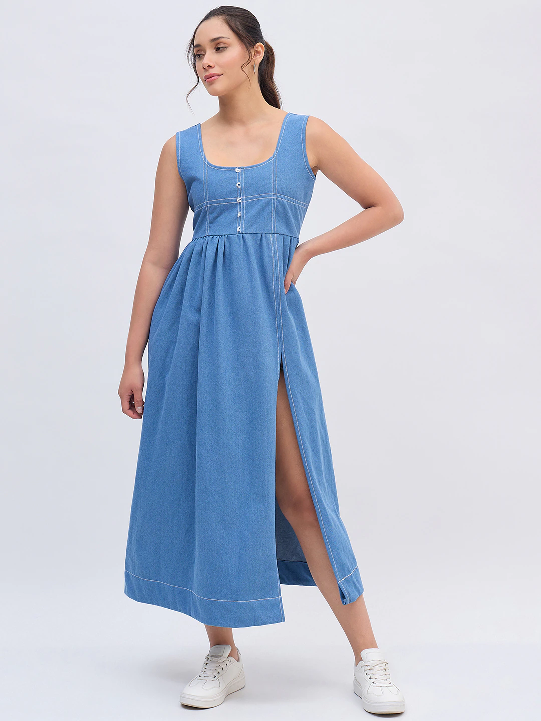 Blue Denim Thread Midi Dress
