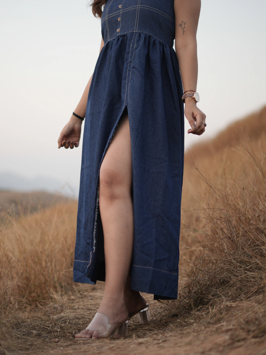 Dark Blue Denim Thread Midi Dress
