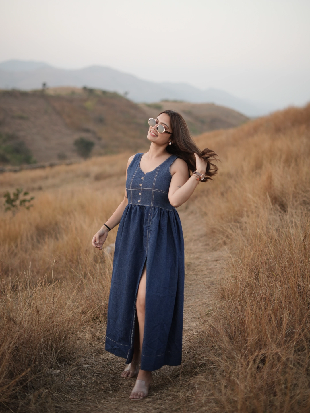 Dark Blue Denim Thread Midi Dress